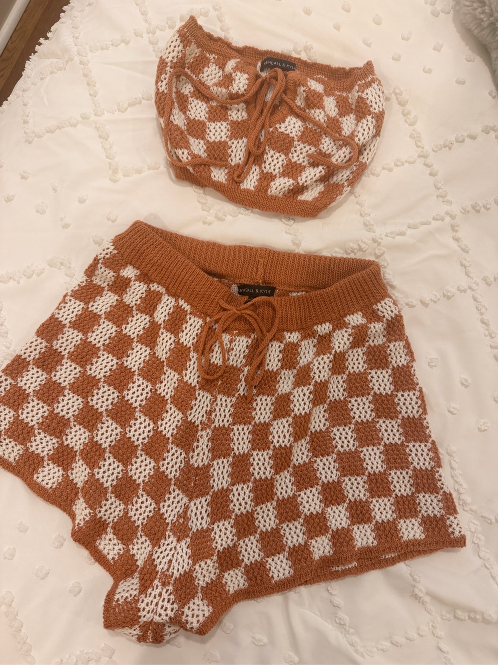 Kendall & Kylie Checker Knit Drawstring Sweater Set - Cream & Brown